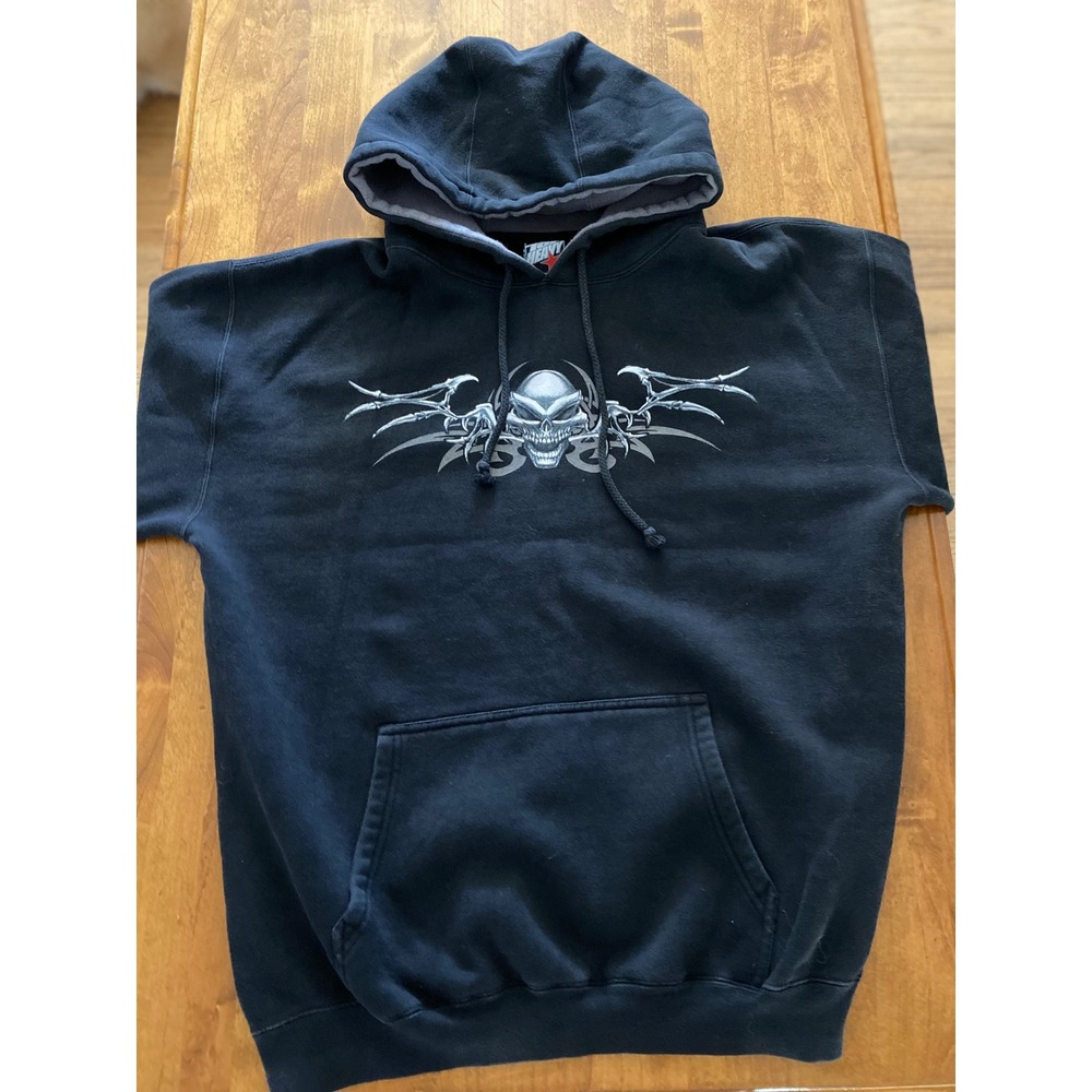 Vintage Top Heavy Tribal Skull Graphic Hoodie Black Y2K Gothic Mens Grunge Large